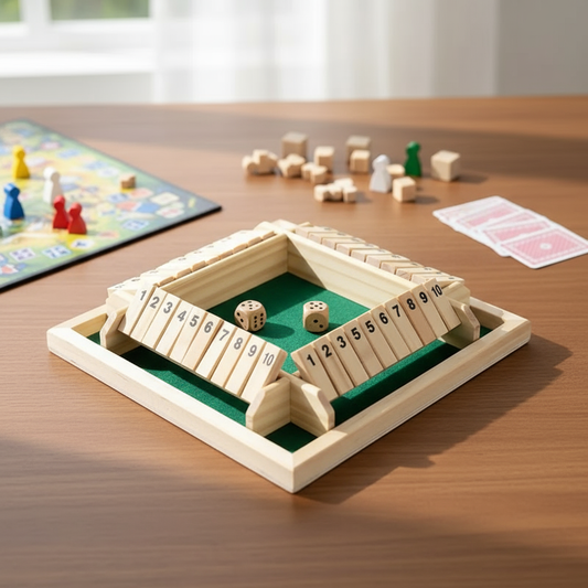 Board Game Wooden Flaps Dice Set in cozy setting